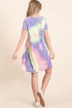 TIE DYE PRINT FRENCH TERRY V NECK MINI DRESS - BLUE/PINK or LAVENDER MIX