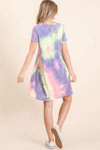 TIE DYE PRINT FRENCH TERRY V NECK MINI DRESS - BLUE/PINK or LAVENDER MIX