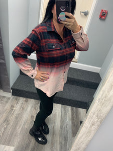 CHECK PLAID BUTTONED UP SHIRT WITH BLEACH EFFECT - RED/BLK or IVORY/BLK