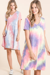 TIE DYE PRINT FRENCH TERRY V NECK MINI DRESS - BLUE/PINK or LAVENDER MIX
