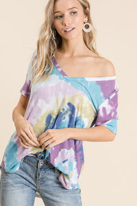 CIRCULAR TIE DYE PRINT V NECK TOP - LAVENDER/BLUE or YELLOW/ORANGE