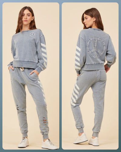 Ocean Drive Washed Denim French Terry Jogger W/  Peace Appliqué