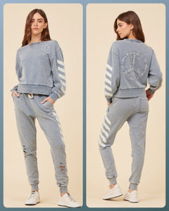 Ocean Drive Washed Denim French Terry Jogger W/  Peace Appliqué