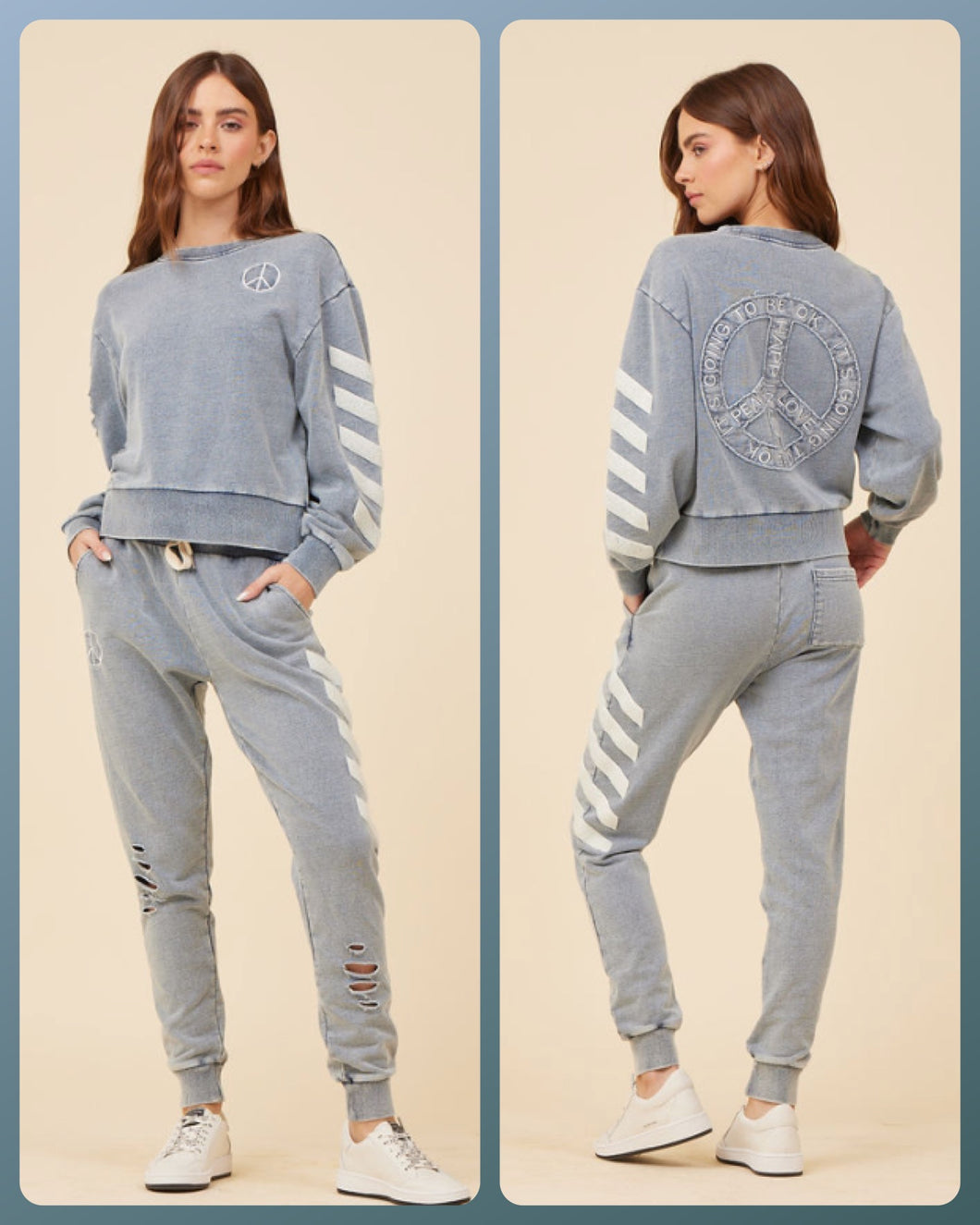 Ocean Drive Washed Denim French Terry Jogger W/  Peace Appliqué