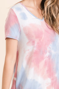 TIE DYE PRINT FRENCH TERRY V NECK MINI DRESS - BLUE/PINK or LAVENDER MIX