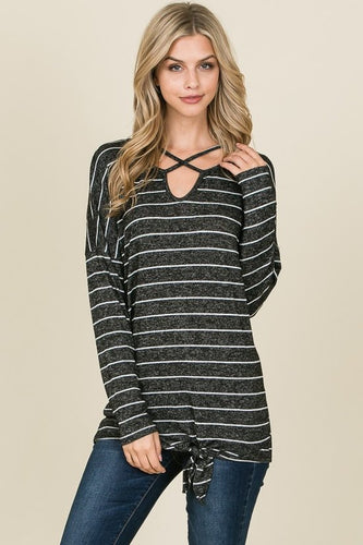 Long Sleeve Criss Cross Neck And Front Tie Detail Hacci Fabric Tunic Top - Charcoal
