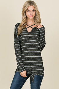 Long Sleeve Criss Cross Neck And Front Tie Detail Hacci Fabric Tunic Top - Charcoal