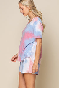TIE DYE PRINT FRENCH TERRY V NECK T-SHIRT - BLUE/PINK 💙💗