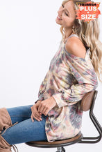 PLUS SIZE PUFF LONG SLEEVE COLD SHOULDER MULTI COLOR PRINT TOP WITH STRAP DETAIL - GREY/YELLOW