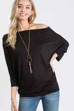 THREE QUARTER SLEEVE SOLID TOP WITH ONE SHOULDER DETAIL - BLACK