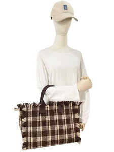 Plaid Fringe Tote Bag - Brown