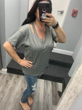 Solid V Neck Short Sleeve Distressed T-Shirt - Black, Camel or Grey