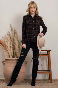 PLAID FLANNEL BUTTON UP - BLACK/BROWN