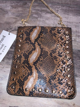 STUDDED VEGAN CROSS BODY PHONE HOLDER & CHAIN - Camel Python With Gold Studs & Chain