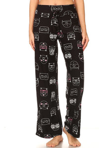Cats print high waist wide leg fashion pajamas with a drawstring waist