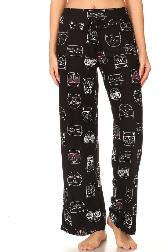 Cats print high waist wide leg fashion pajamas with a drawstring waist