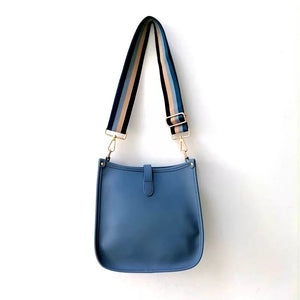 Light Blue Vegan Leather Messenger Bag with Multi Stripe Strap