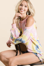 TIE DYE PRINT TERRY TOP WITH COLD SHOULDER DETAIL AND CONTRAST NECK BAND AND CUFFS - ASSORTED COLORS