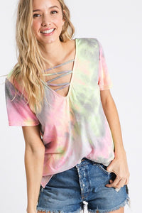 Tie dye cage detail short sleeve top - Purple Multi