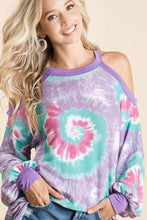 TIE DYE PRINT TERRY TOP WITH COLD SHOULDER DETAIL AND CONTRAST NECK BAND AND CUFFS - ASSORTED COLORS