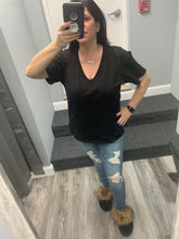 Solid V Neck Short Sleeve Distressed T-Shirt - Black, Camel or Grey
