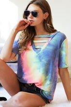 TIE DYE TERRY V-NECK TOP WITH STRAPPED FRONT NECK DETAIL - PASTEL or CHARCOAL TIEDYE