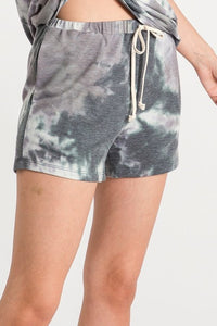 TIE-DYE SHORTS WITH ELASTICIZED WAISTBAND, DRAWSTRINGS, AND SIDE SEAM POCKETS - CHARCOAL or OLIVE