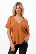 Solid V Neck Short Sleeve Distressed T-Shirt - Black, Camel or Grey