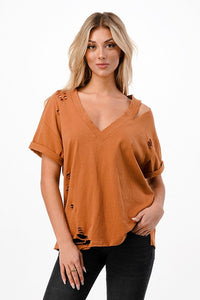 Solid V Neck Short Sleeve Distressed T-Shirt - Black, Camel or Grey