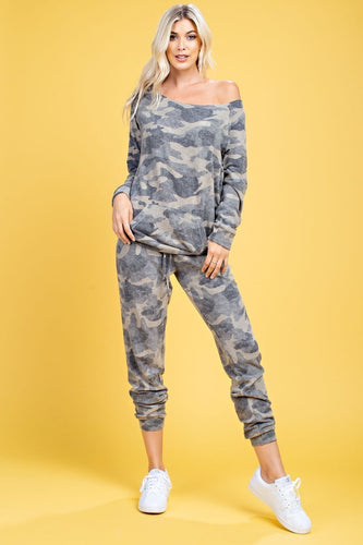 CAMO PRINT DRAWSTRING BRUSH PANTS - OLIVE