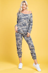 CAMO PRINT DRAWSTRING BRUSH PANTS - OLIVE