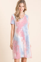 TIE DYE PRINT FRENCH TERRY V NECK MINI DRESS - BLUE/PINK or LAVENDER MIX