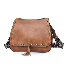 Vegan Leather Woven Flip Rivet Handbag with Leopard Strap