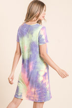TIE DYE PRINT FRENCH TERRY V NECK MINI DRESS - BLUE/PINK or LAVENDER MIX
