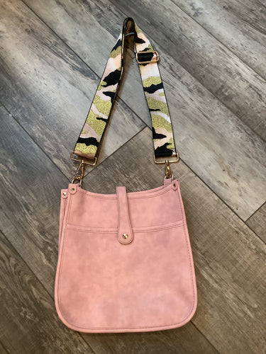 Light Pink Vintage Vegan Leather Messenger Bag with Pink/BlackMetallic Gold Camo Strap