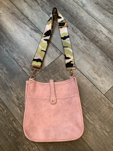 Light Pink Vintage Vegan Leather Messenger Bag with Pink/BlackMetallic Gold Camo Strap