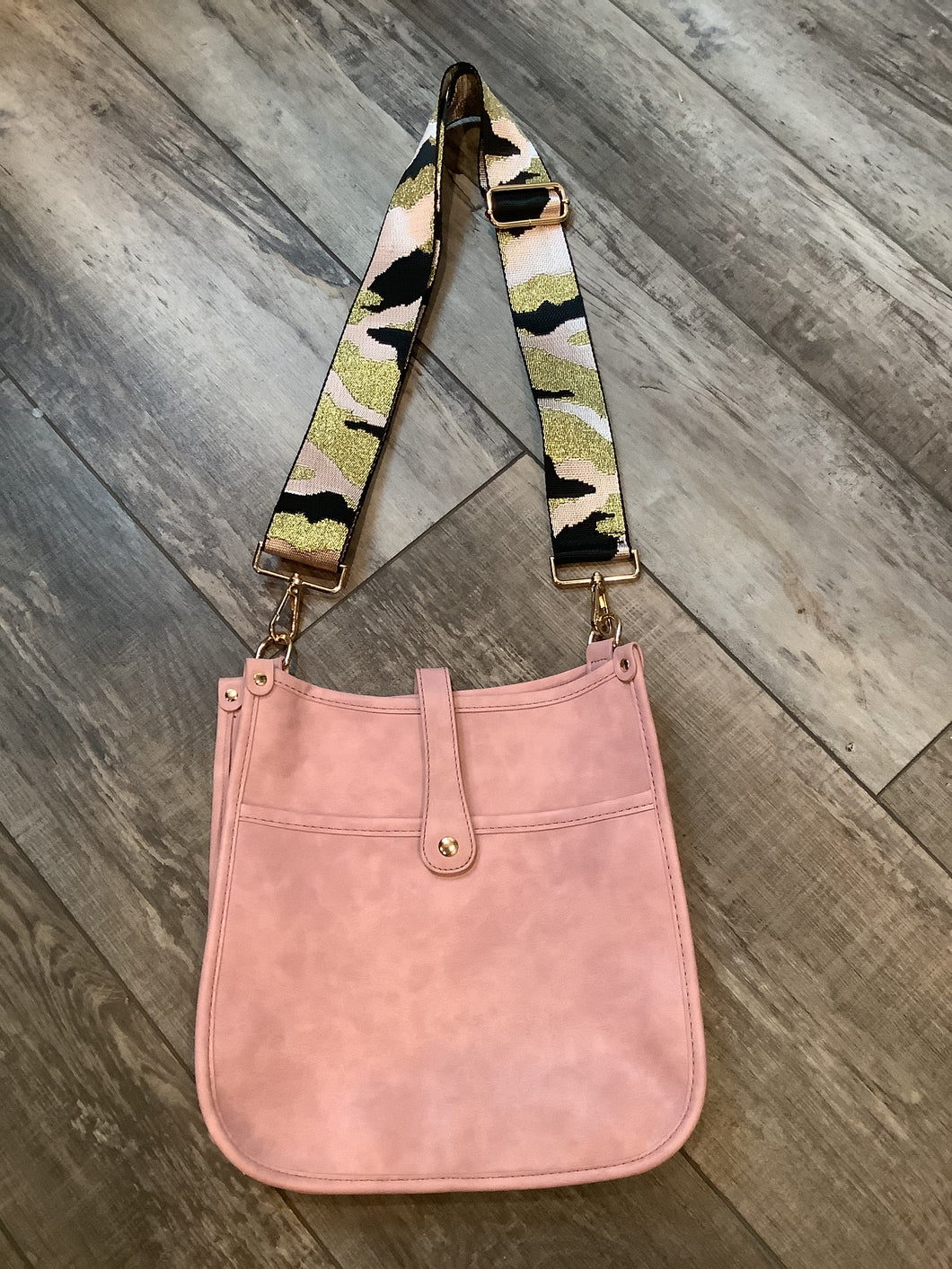 Light Pink Vintage Vegan Leather Messenger Bag with Pink/BlackMetallic Gold Camo Strap
