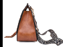 Vegan Leather Woven Flip Rivet Handbag with Leopard Strap