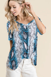 SNAKESKIN PRINT JERSEY V NECK TOP - BLUE or PINK MULTI