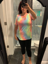 TIE DYE TERRY V-NECK TOP WITH STRAPPED FRONT NECK DETAIL - PASTEL or CHARCOAL TIEDYE