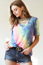 TIE DYE TERRY V-NECK TOP WITH STRAPPED FRONT NECK DETAIL - PASTEL or CHARCOAL TIEDYE