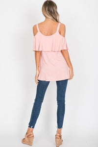 HIGH LOW RUFFLED COLD SHOULDER TOP - NILE BLUE