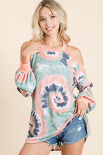 TIE DYE PRINT TERRY TOP WITH COLD SHOULDER DETAIL AND CONTRAST NECK BAND AND CUFFS - ASSORTED COLORS