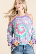 TIE DYE PRINT TERRY TOP WITH COLD SHOULDER DETAIL AND CONTRAST NECK BAND AND CUFFS - ASSORTED COLORS