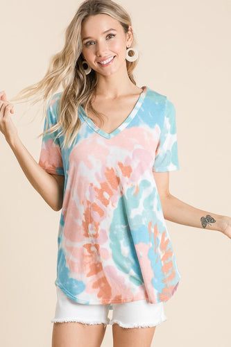CIRCULAR TIE DYE PRINT V NECK TOP - PEACH/BLUE