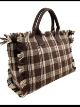 Plaid Fringe Tote Bag - Brown