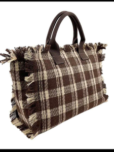 Plaid Fringe Tote Bag - Brown