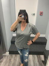 Solid V Neck Short Sleeve Distressed T-Shirt - Black, Camel or Grey