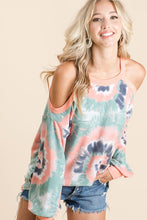 TIE DYE PRINT TERRY TOP WITH COLD SHOULDER DETAIL AND CONTRAST NECK BAND AND CUFFS - ASSORTED COLORS