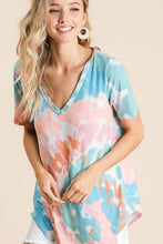 CIRCULAR TIE DYE PRINT V NECK TOP - PEACH/BLUE